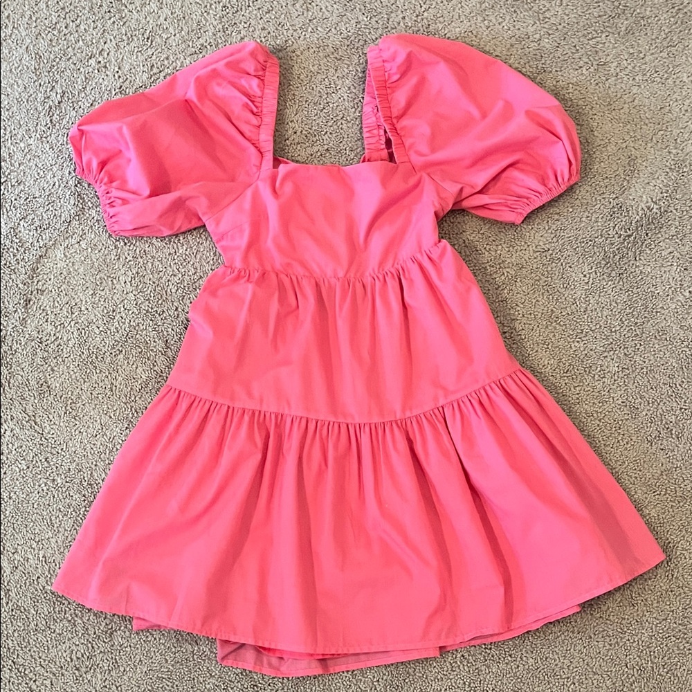 Pink Puff-Sleeve Tiered Mini Dress